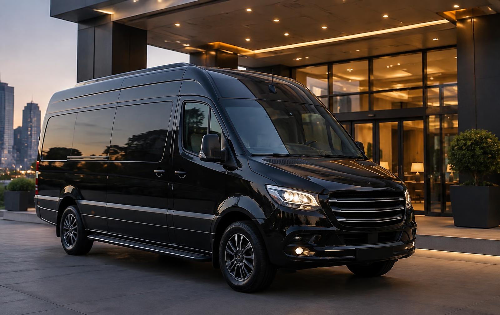 Black unbranded 12 Passenger Executive Sprinter used for charter group transportation