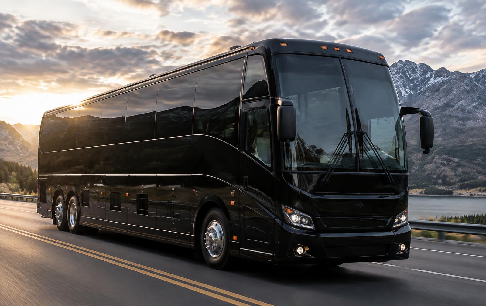 Black unbranded 56 Passenger Van Hool CX45 used for charter group transportation